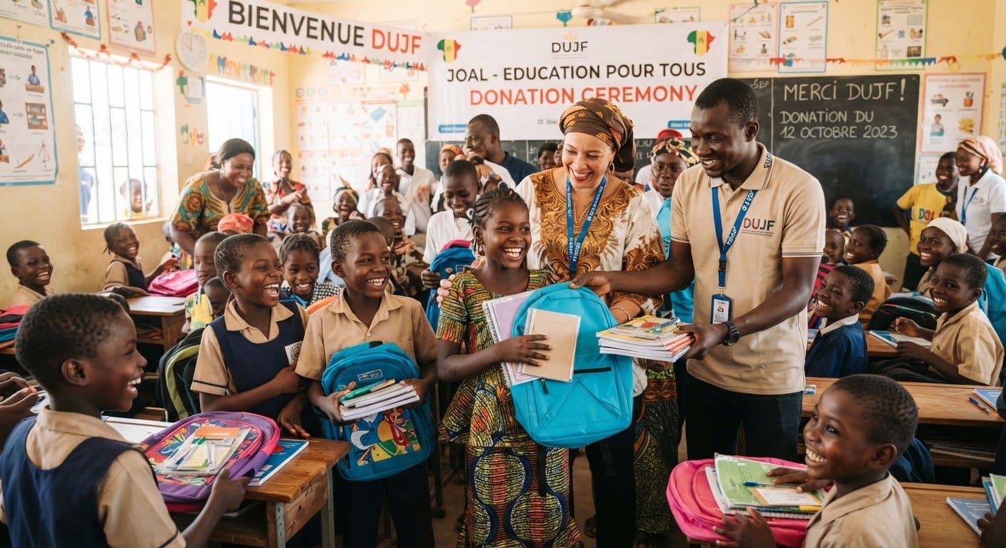 Remise de fournitures scolaires à des enfants de Joal lors d'une cérémonie festive.