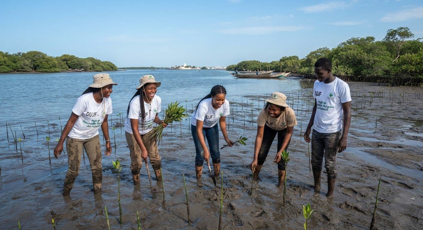 Bénévoles plantant des propagules de palétuviers dans la lagune de Joal-Fadiouth à marée basse.