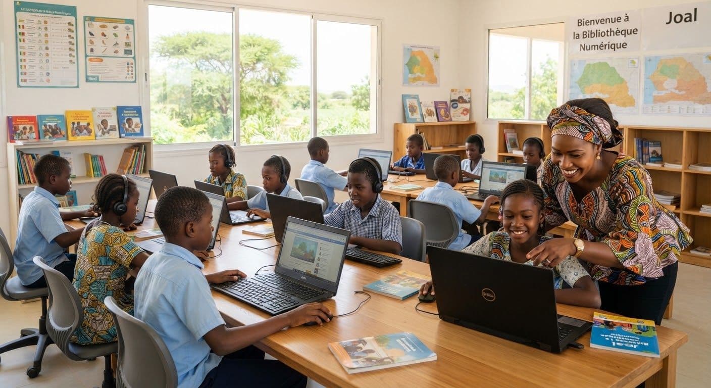 Élèves de Joal en salle informatique nouvellement équipée, accompagnés de leur enseignant.