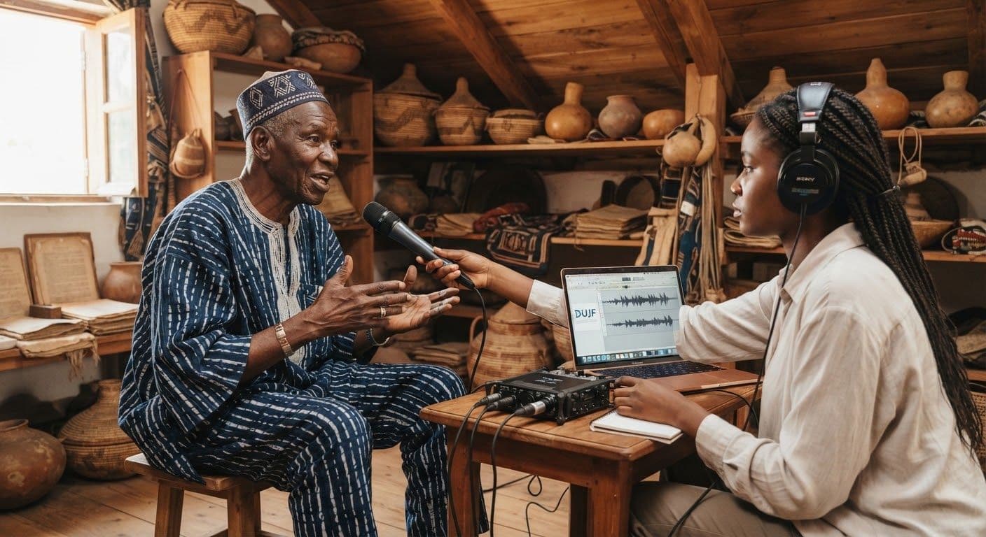 Un ancien de Fadiouth transmet la mémoire orale à un archiviste équipé d'un micro.
