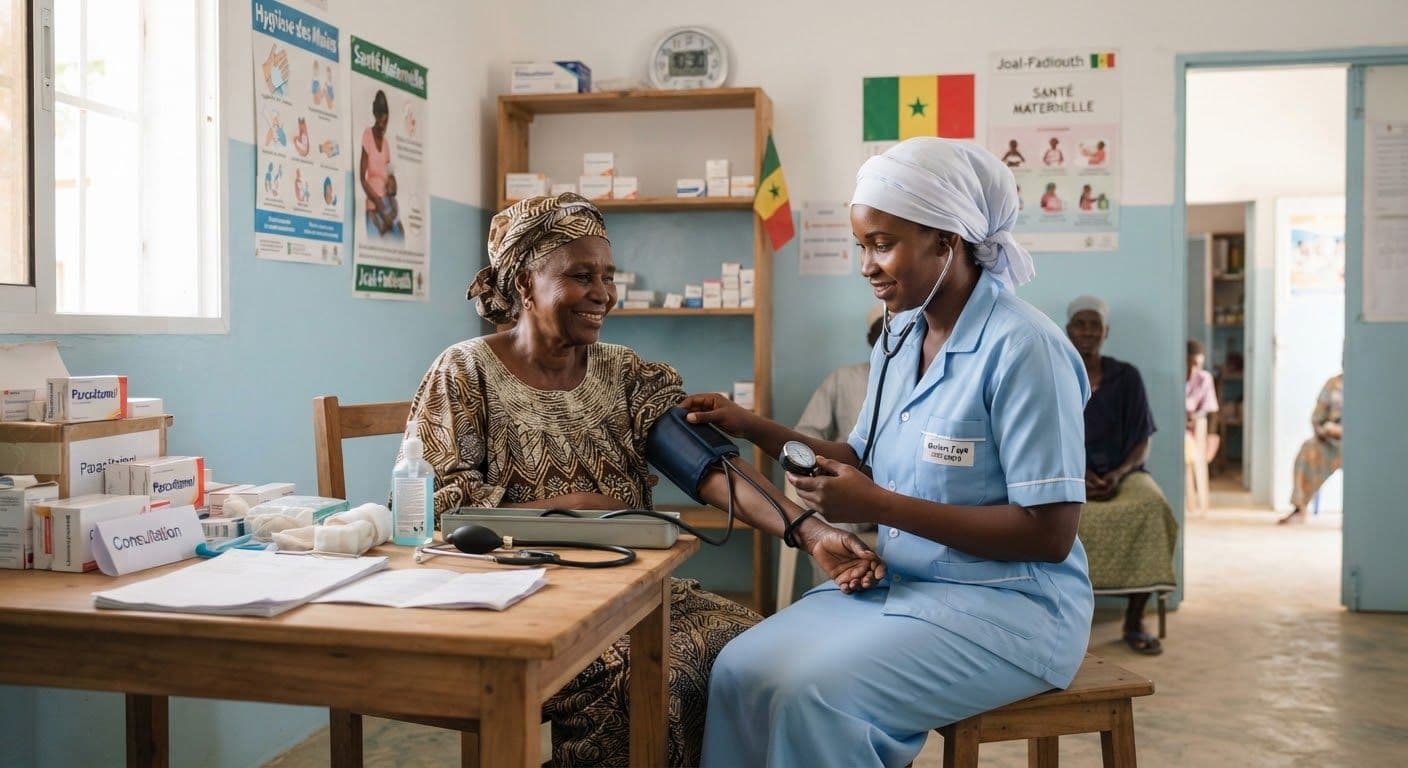 Consultation au poste de santé de Fadiouth : une infirmière prend la tension d'un patient.