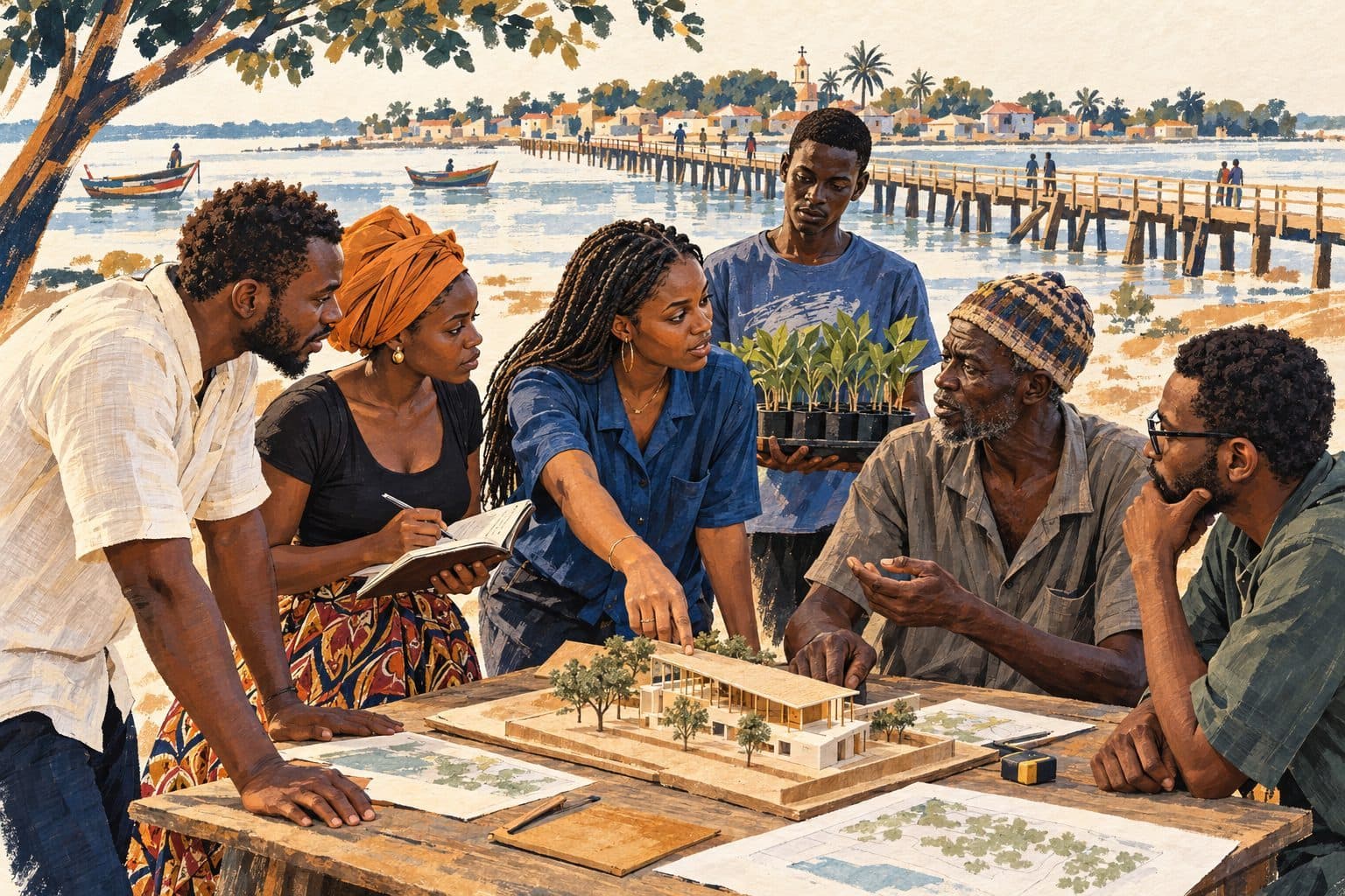 La concertation autour d'un projet pour Joal-Fadiouth — maquette et plants sur la table.